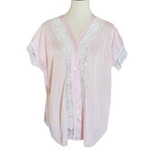 Vintage -‎ 70's Lady Ronte' Pink Nylon and Lace PJ Top